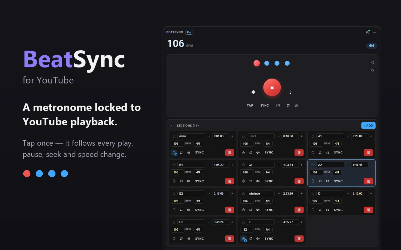 The BeatSync panel open over YouTube, showing BPM, beat dots and a list of sections