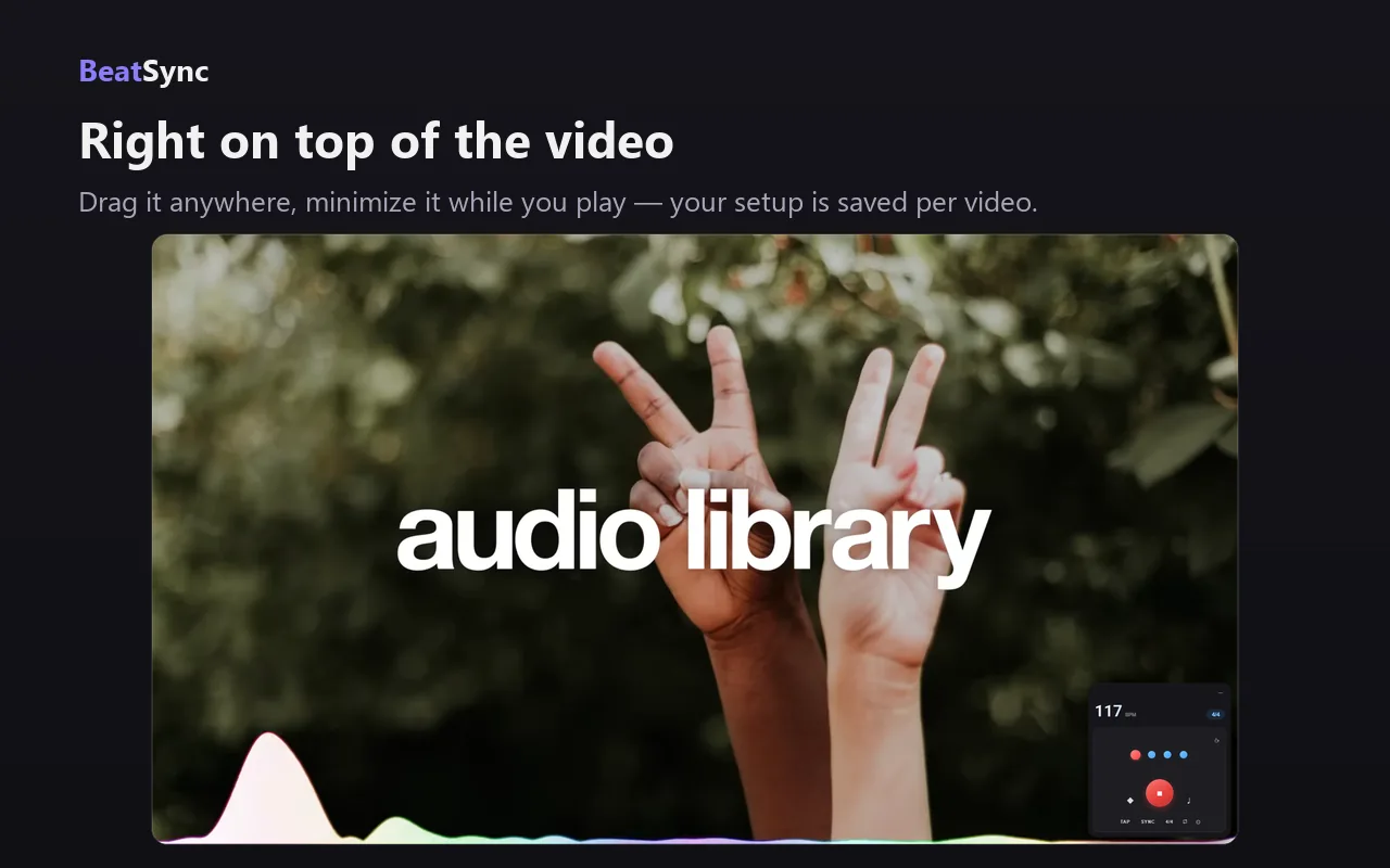 A minimized BeatSync panel floating over a playing YouTube video