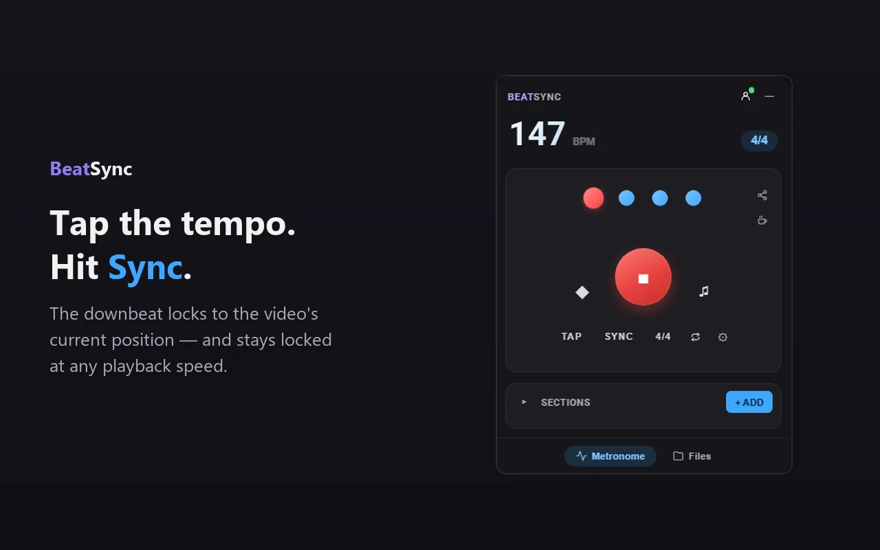 The BeatSync panel with TAP and SYNC controls and a 147 BPM reading