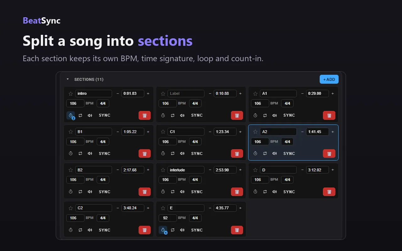 The sections grid with eleven sections, one of them at a different BPM