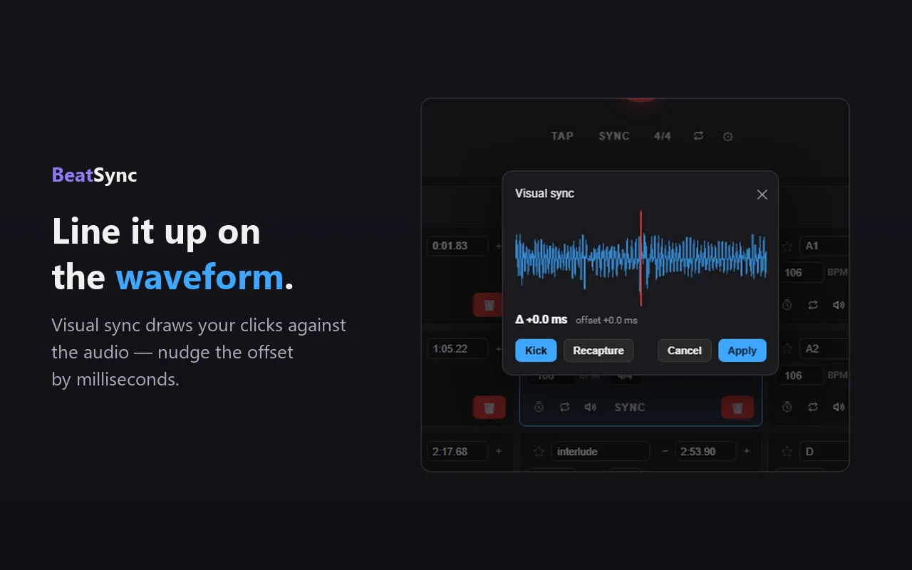 The Visual sync dialog showing a waveform with a click marker