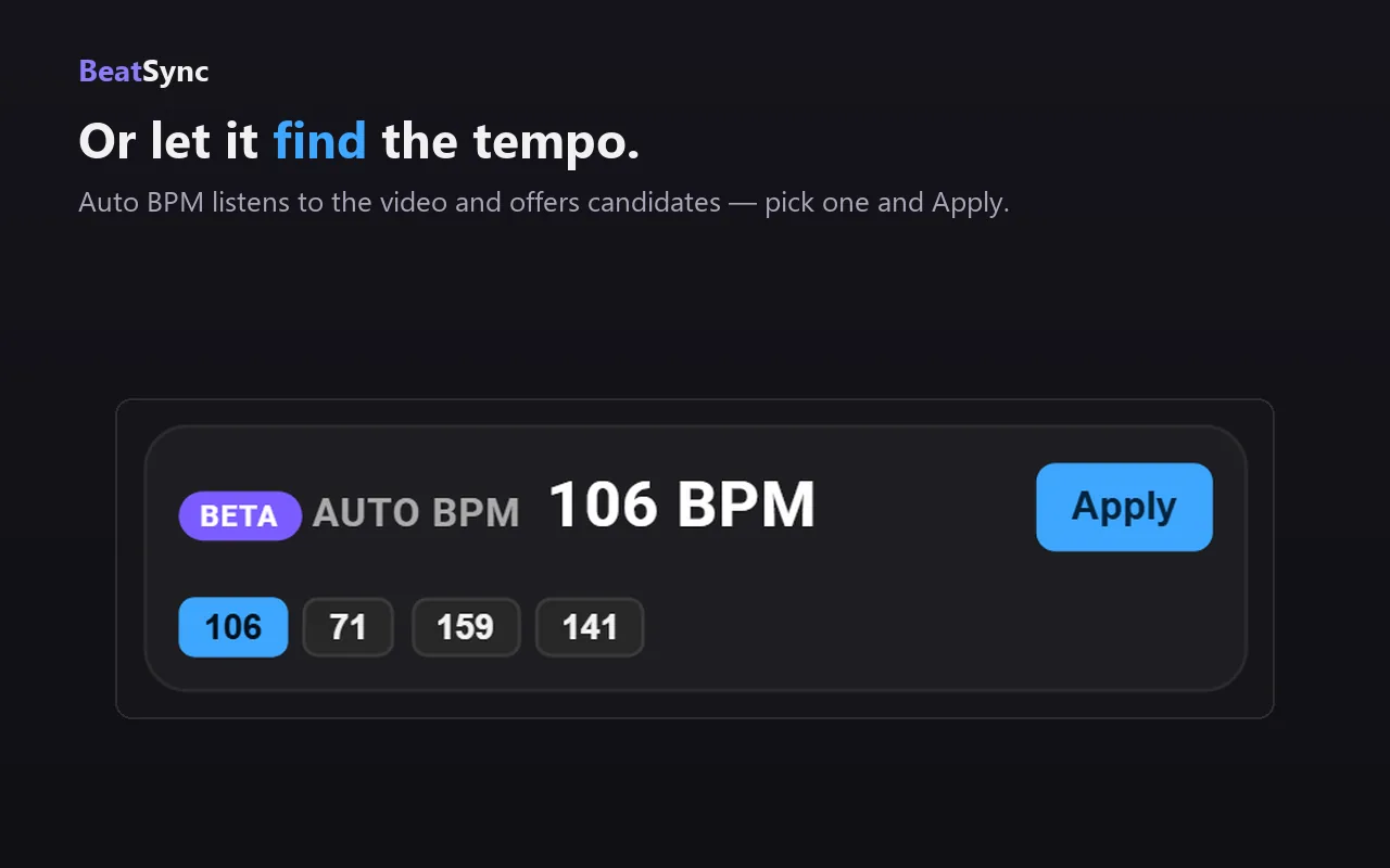 The Auto BPM section with a Beta badge, a 106 BPM reading and four tempo candidates